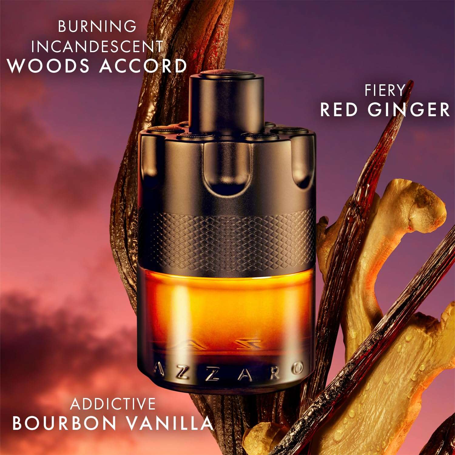 Azzaro The Most Wanted Parfum for men bottle with burning woods accord red ginger and bourbon vanilla Azzaro The Most Wanted Parfum for men bottle with burning woods accord red ginger and bourbon vanilla