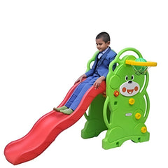 Huitich baby 3-in-1 slide and swing set in green and red with a child sliding down Huitich baby 3-in-1 slide and swing set in green and red with a child sliding down