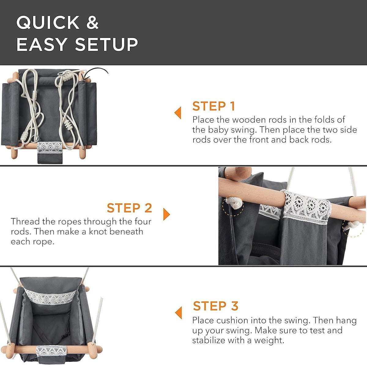 Quick setup guide for Huitich baby fabric swing with wooden frame, demonstrating assembly steps Quick setup guide for Huitich baby fabric swing with wooden frame, demonstrating assembly steps