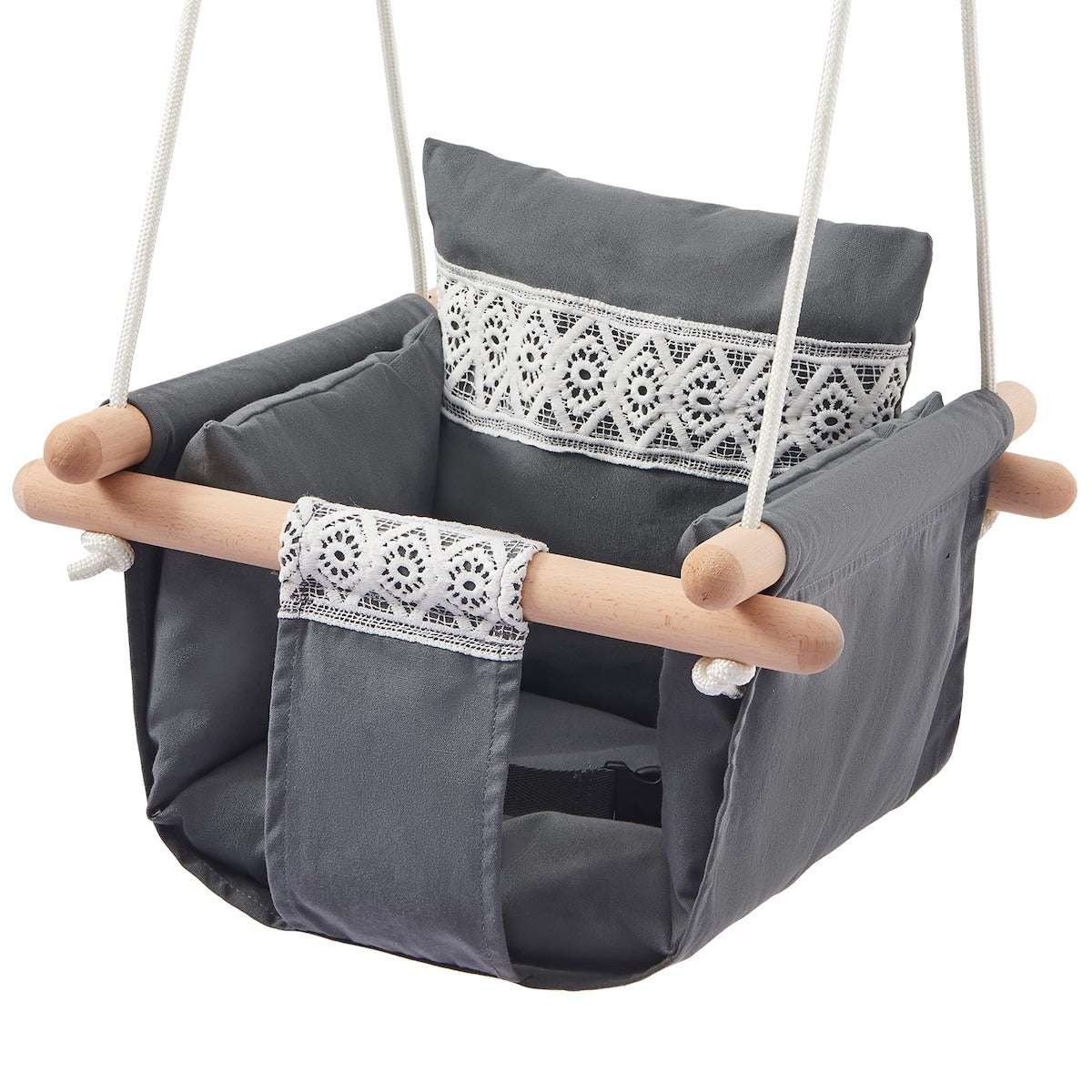 Huitich baby fabric swing with wooden frame in gray with decorative patterns for comfortable playtime Huitich baby fabric swing with wooden frame in gray with decorative patterns for comfortable playtime