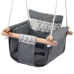 Huitich baby fabric swing with wooden frame in gray with decorative patterns for comfortable playtime Huitich baby fabric swing with wooden frame in gray with decorative patterns for comfortable playtime