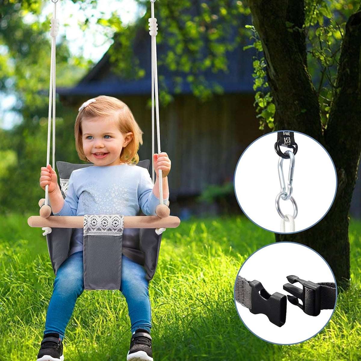 Huitich baby fabric swing with wooden frame featuring a child securely seated outdoors Huitich baby fabric swing with wooden frame featuring a child securely seated outdoors