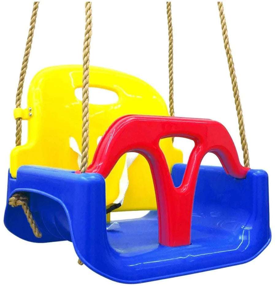 Brightly colored Huitich baby swing seat with safety harness for safe outdoor fun Brightly colored Huitich baby swing seat with safety harness for safe outdoor fun