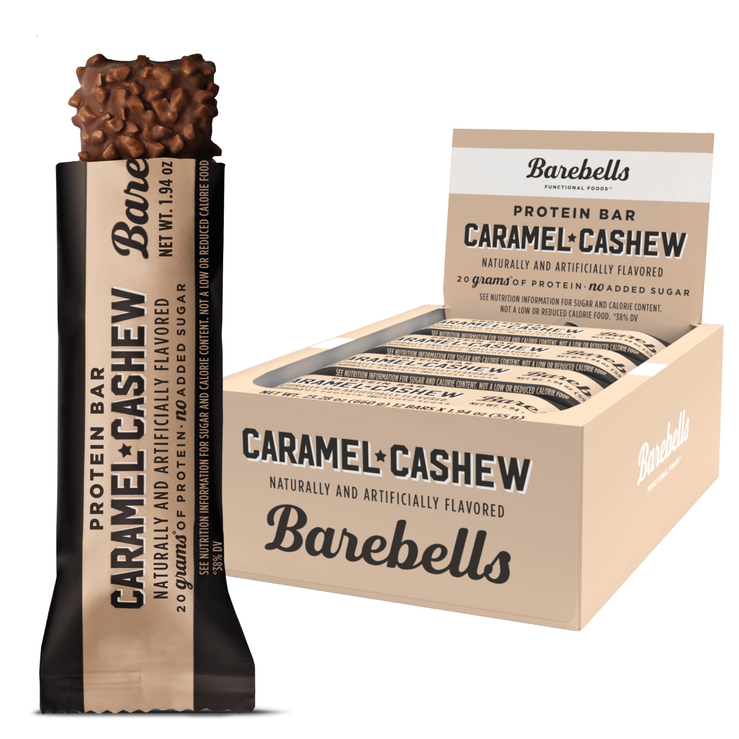 Barebells protein bars caramel cashew box with multiple wrapped bars and one unwrapped nut coated bar Barebells protein bars caramel cashew box with multiple wrapped bars and one unwrapped nut coated bar
