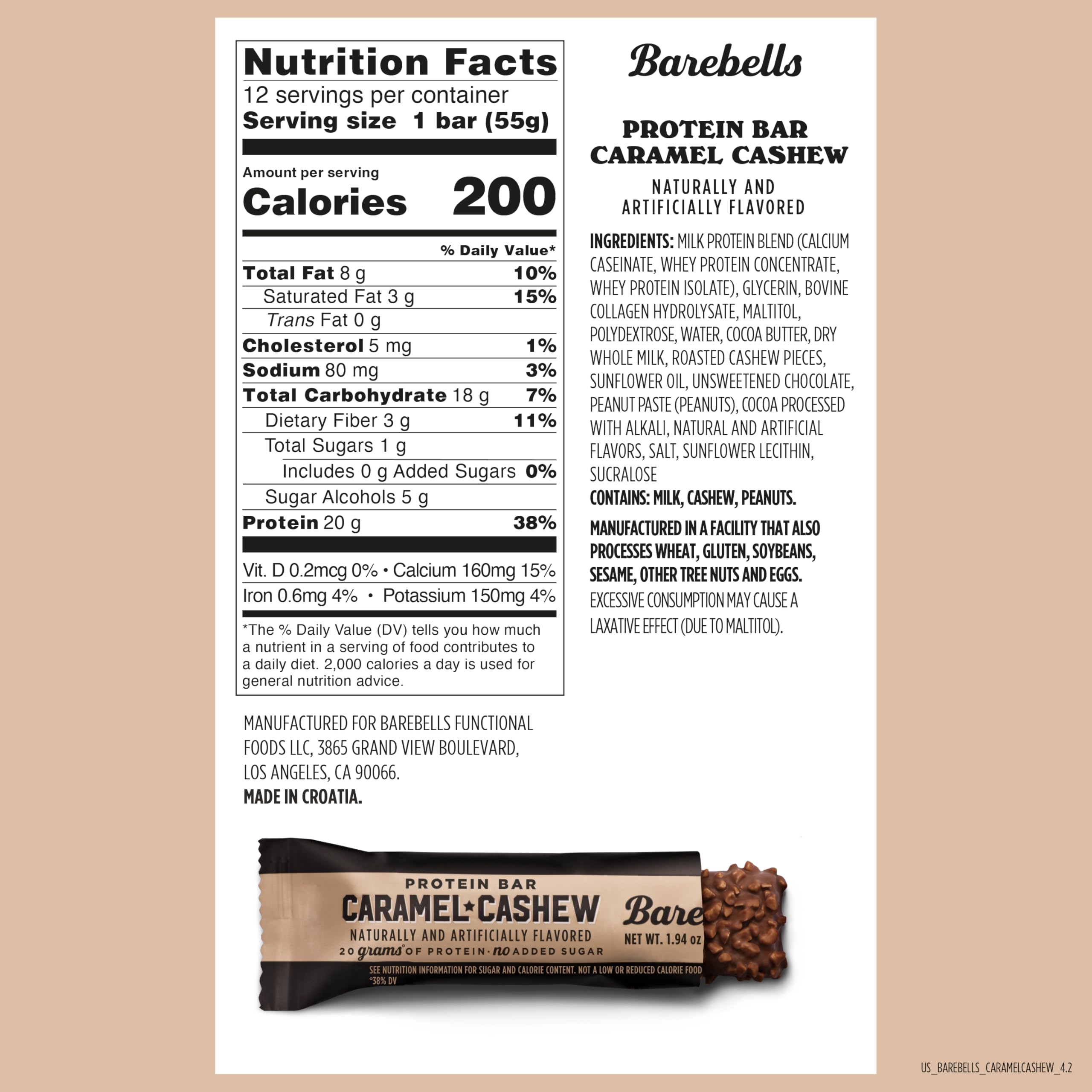Nutrition facts panel and Barebells protein bar packaging with Barebells protein bars caramel cashew flavor and bar piece Nutrition facts panel and Barebells protein bar packaging with Barebells protein bars caramel cashew flavor and bar piece