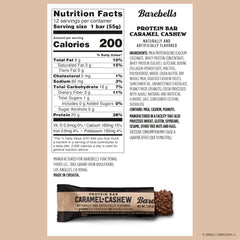 Nutrition facts panel and Barebells protein bar packaging with Barebells protein bars caramel cashew flavor and bar piece Nutrition facts panel and Barebells protein bar packaging with Barebells protein bars caramel cashew flavor and bar piece