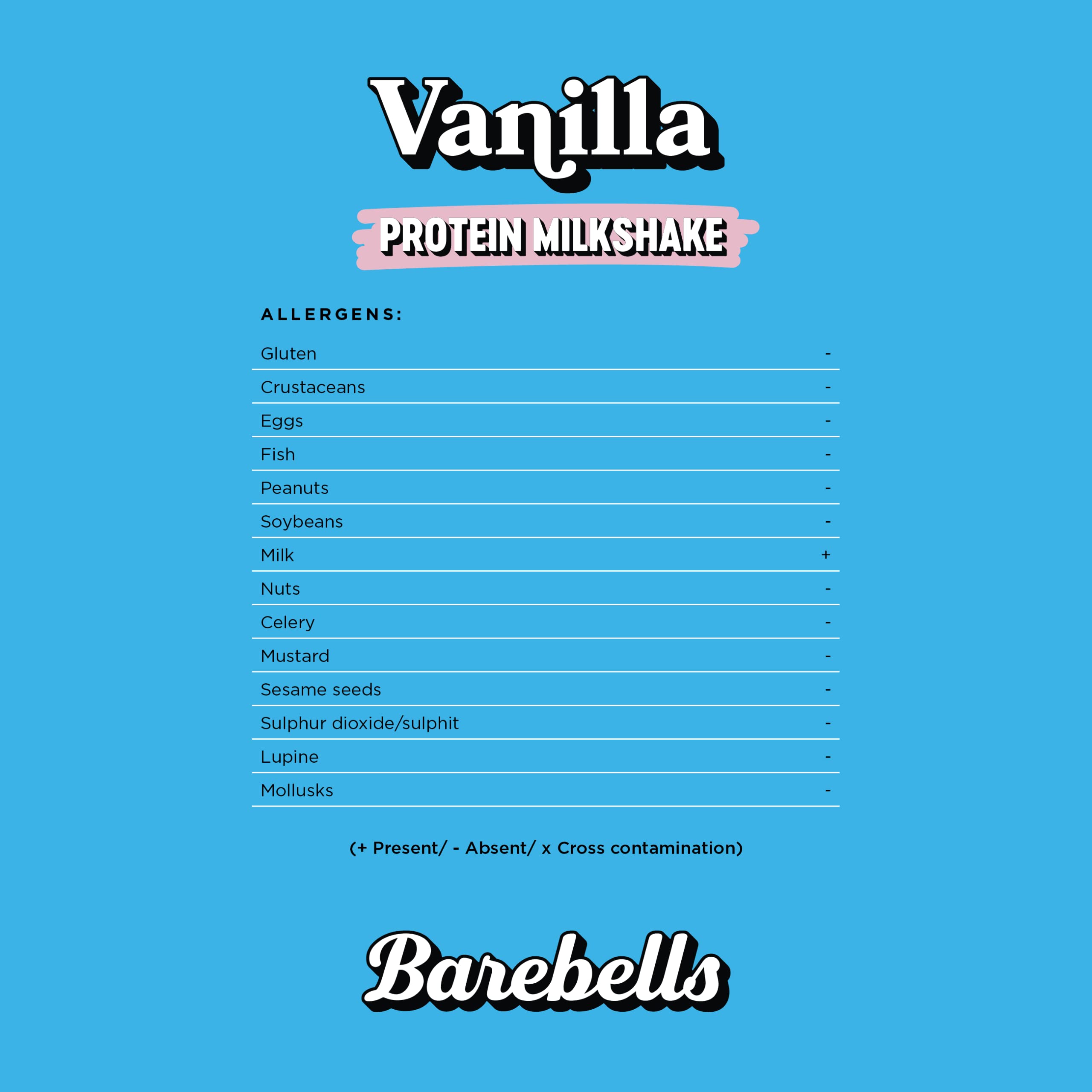 Barebells protein milkshake vanilla label on blue background showing product name logo and allergen list Barebells protein milkshake vanilla label on blue background showing product name logo and allergen list