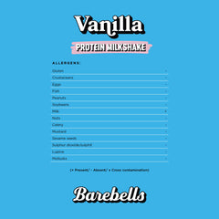 Barebells protein milkshake vanilla label on blue background showing product name logo and allergen list Barebells protein milkshake vanilla label on blue background showing product name logo and allergen list