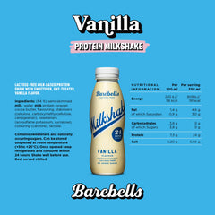Barebells protein milkshake vanilla bottle on blue background with nutrition facts label and logo Barebells protein milkshake vanilla bottle on blue background with nutrition facts label and logo