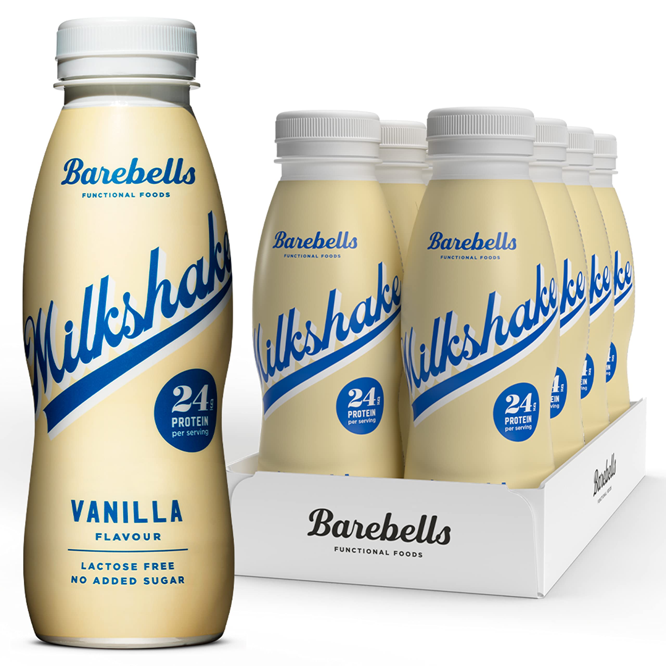 Barebells protein milkshake vanilla single bottle and six pack tray showing 24g protein lactose free Barebells protein milkshake vanilla single bottle and six pack tray showing 24g protein lactose free