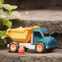 Battat dump truck toy for kids in yellow and teal with a small orange construction worker figure Battat dump truck toy for kids in yellow and teal with a small orange construction worker figure