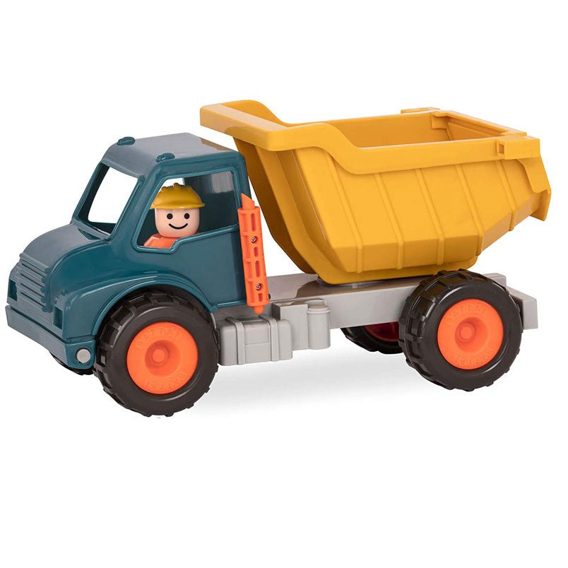Huitich Battat dump truck toy for kids with yellow bed and blue cab featuring a smiling driver figure Huitich Battat dump truck toy for kids with yellow bed and blue cab featuring a smiling driver figure