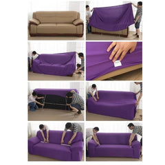 Beige elastic sofa cover single seat stretch fabric being fitted on brown sofa by two men Beige elastic sofa cover single seat stretch fabric being fitted on brown sofa by two men