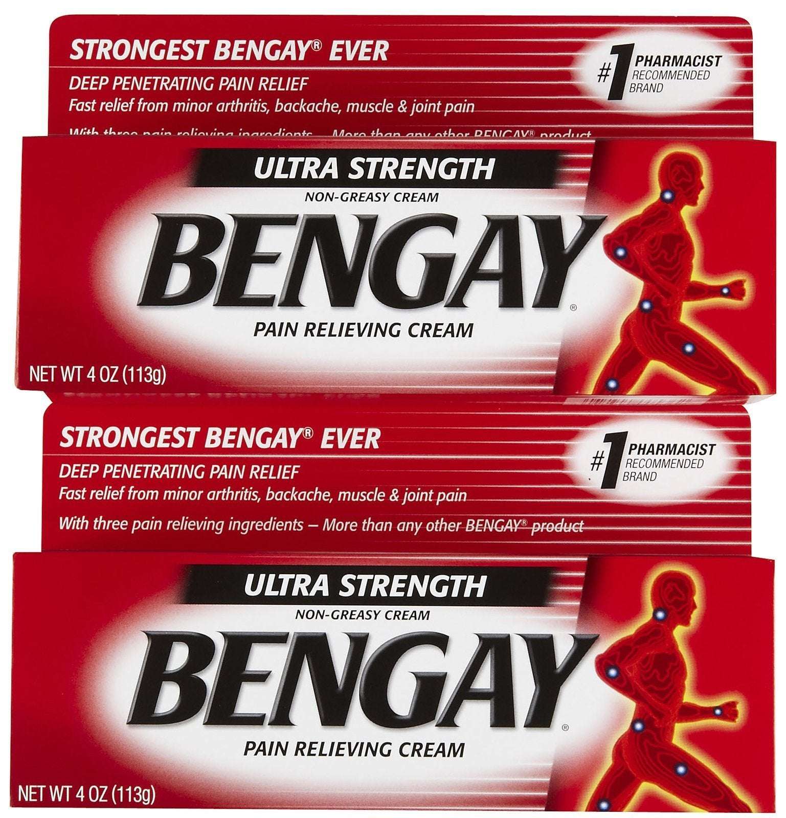 Bengay Ultra Strength pain relief cream 4 oz boxes stacked showing red packaging and product branding Bengay Ultra Strength pain relief cream 4 oz boxes stacked showing red packaging and product branding