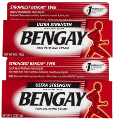 Bengay Ultra Strength pain relief cream 4 oz boxes stacked showing red packaging and product branding Bengay Ultra Strength pain relief cream 4 oz boxes stacked showing red packaging and product branding