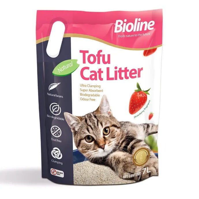 Bioline biodegradable tofu cat litter in a 7L bag, ultra clumping and odor-free for your cat's comfort Bioline biodegradable tofu cat litter in a 7L bag, ultra clumping and odor-free for your cat's comfort