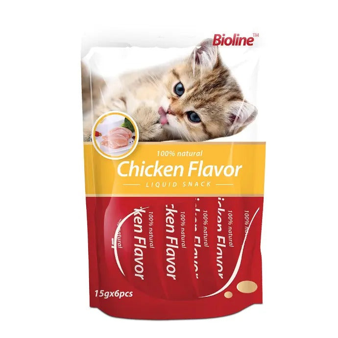 Bioline cat treats UAE 100% natural chicken flavor liquid snack in a 15g pack for cats Bioline cat treats UAE 100% natural chicken flavor liquid snack in a 15g pack for cats