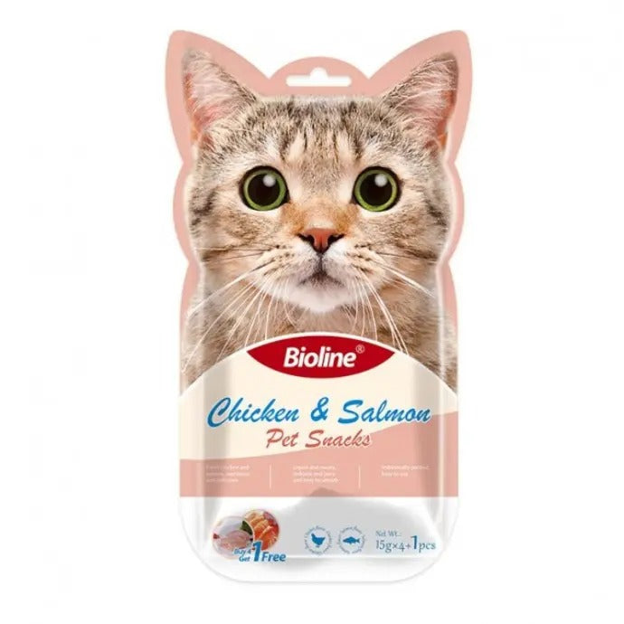 Bioline cat treats UAE in chicken and salmon flavor with a cute cat packaging design Bioline cat treats UAE in chicken and salmon flavor with a cute cat packaging design