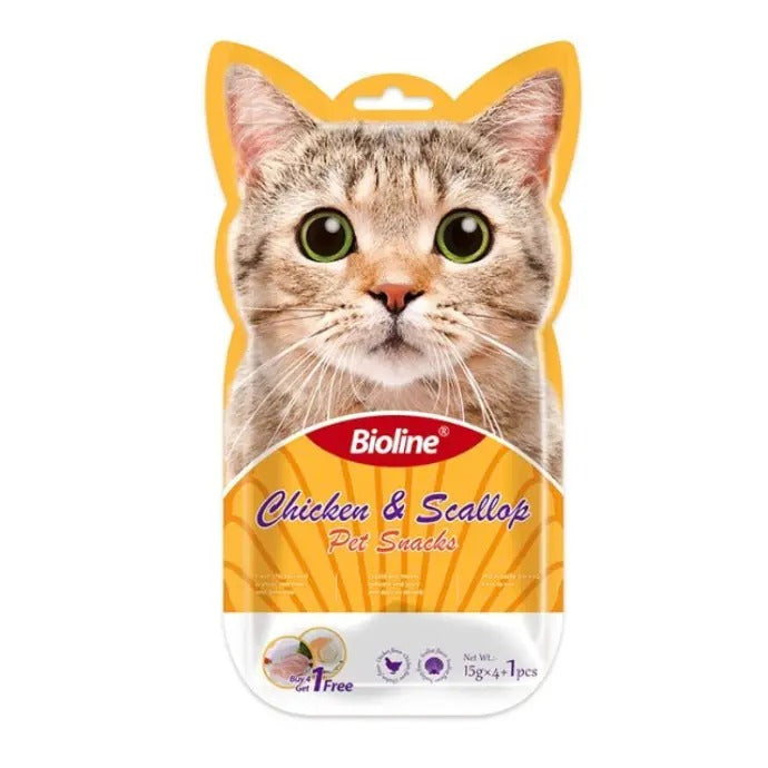 Bioline cat treats UAE featuring chicken and scallop flavor in a cat-shaped packaging Bioline cat treats UAE featuring chicken and scallop flavor in a cat-shaped packaging