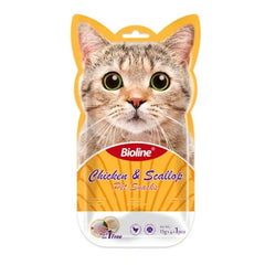Bioline cat treats UAE featuring chicken and scallop flavor in a cat-shaped packaging Bioline cat treats UAE featuring chicken and scallop flavor in a cat-shaped packaging