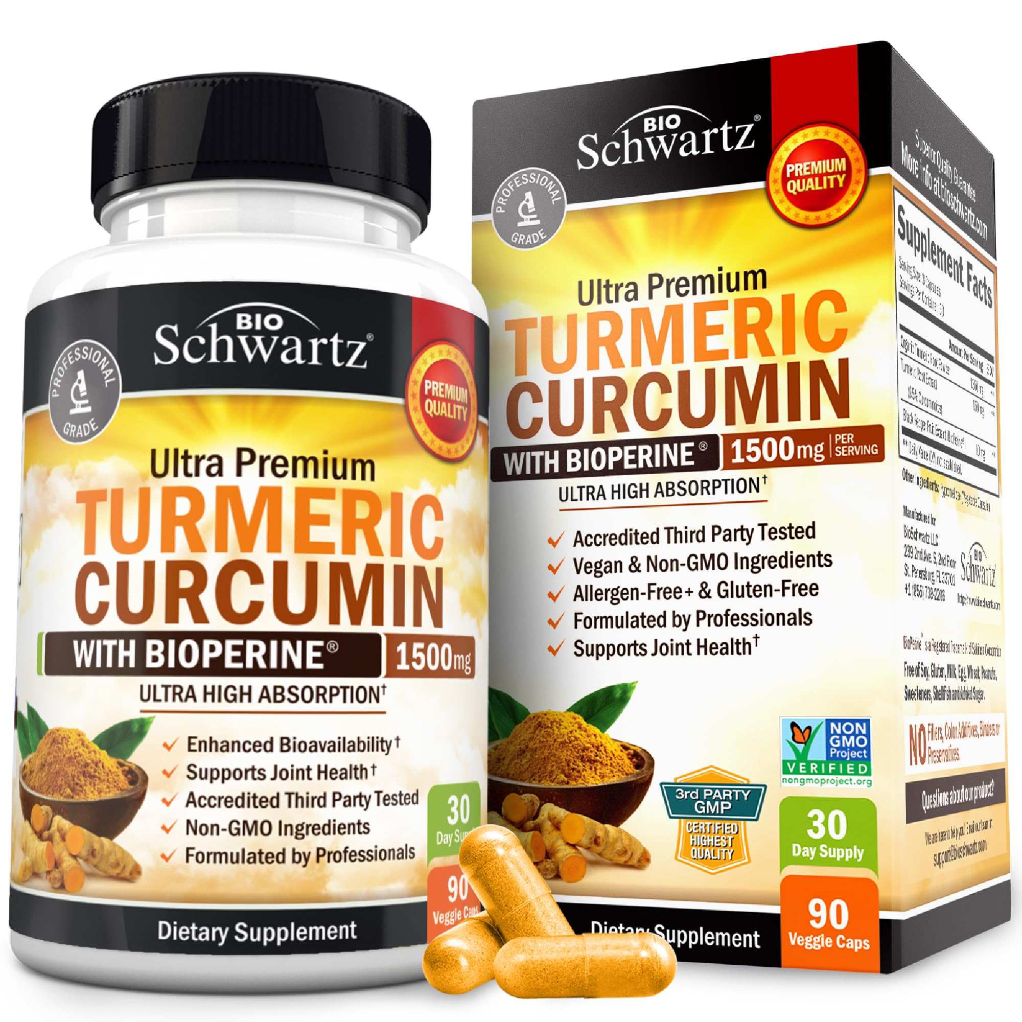 BioSchwartz bottle and box of turmeric curcumin with bioperine capsules 1500 mg 90 veggie caps for joint support BioSchwartz bottle and box of turmeric curcumin with bioperine capsules 1500 mg 90 veggie caps for joint support