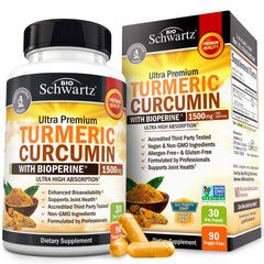 BioSchwartz bottle and box of turmeric curcumin with bioperine capsules 1500 mg 90 veggie caps for joint support BioSchwartz bottle and box of turmeric curcumin with bioperine capsules 1500 mg 90 veggie caps for joint support