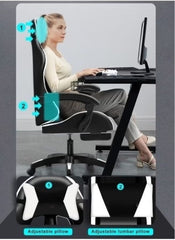 Huitich black and blue office gaming chair with adjustable pillow and lumbar support shown in use Huitich black and blue office gaming chair with adjustable pillow and lumbar support shown in use