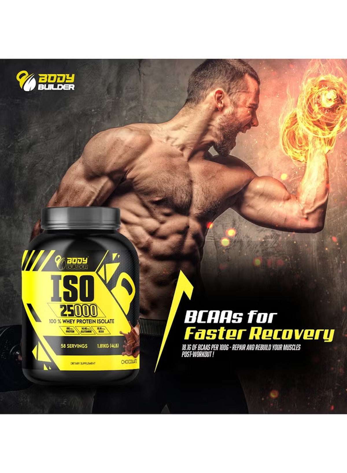 Body Builder Whey Protein Isolate supplement in a container with BCAAs for faster recovery in UAE Body Builder Whey Protein Isolate supplement in a container with BCAAs for faster recovery in UAE