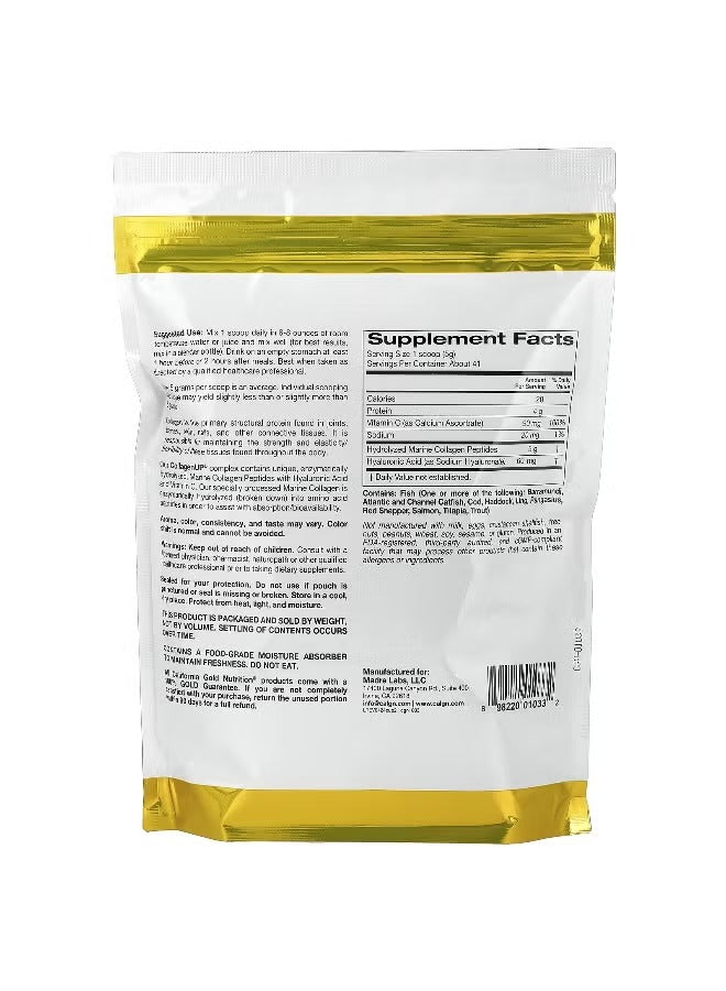 California Gold Nutrition marine collagen peptides supplement bag with nutritional information on the back California Gold Nutrition marine collagen peptides supplement bag with nutritional information on the back