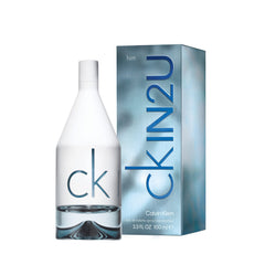 CK IN2U Eau De Toilette 100ml for him with sleek transparent bottle and blue branded packaging CK IN2U Eau De Toilette 100ml for him with sleek transparent bottle and blue branded packaging
