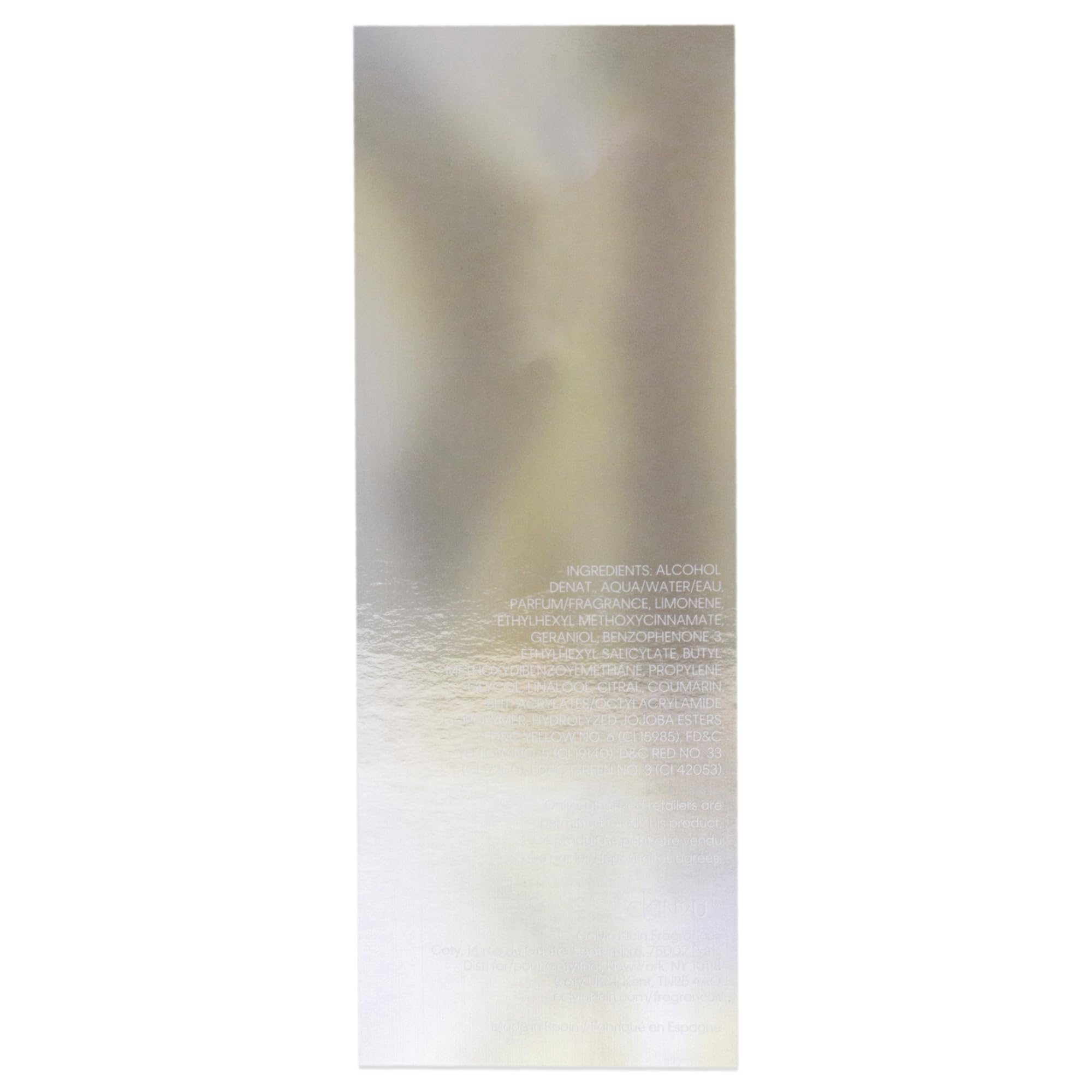 Silver reflective packaging of Calvin Klein CK IN2U perfume for women with ingredients list visible Silver reflective packaging of Calvin Klein CK IN2U perfume for women with ingredients list visible