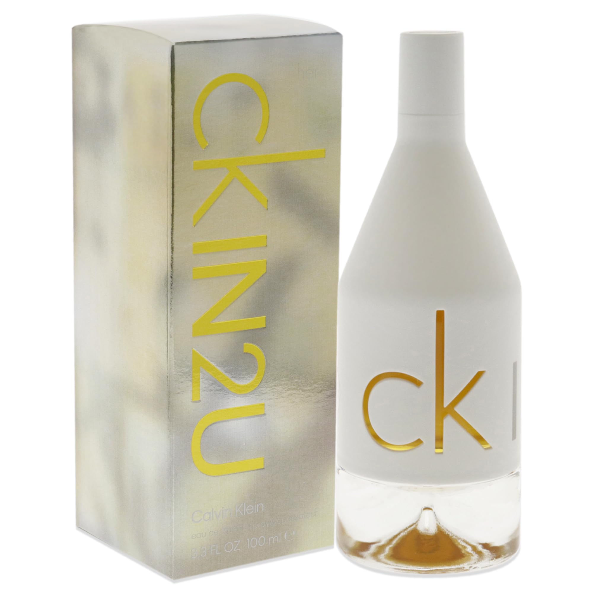 Calvin Klein CK IN2U perfume for women with frosted bottle and silver packaging Calvin Klein CK IN2U perfume for women with frosted bottle and silver packaging