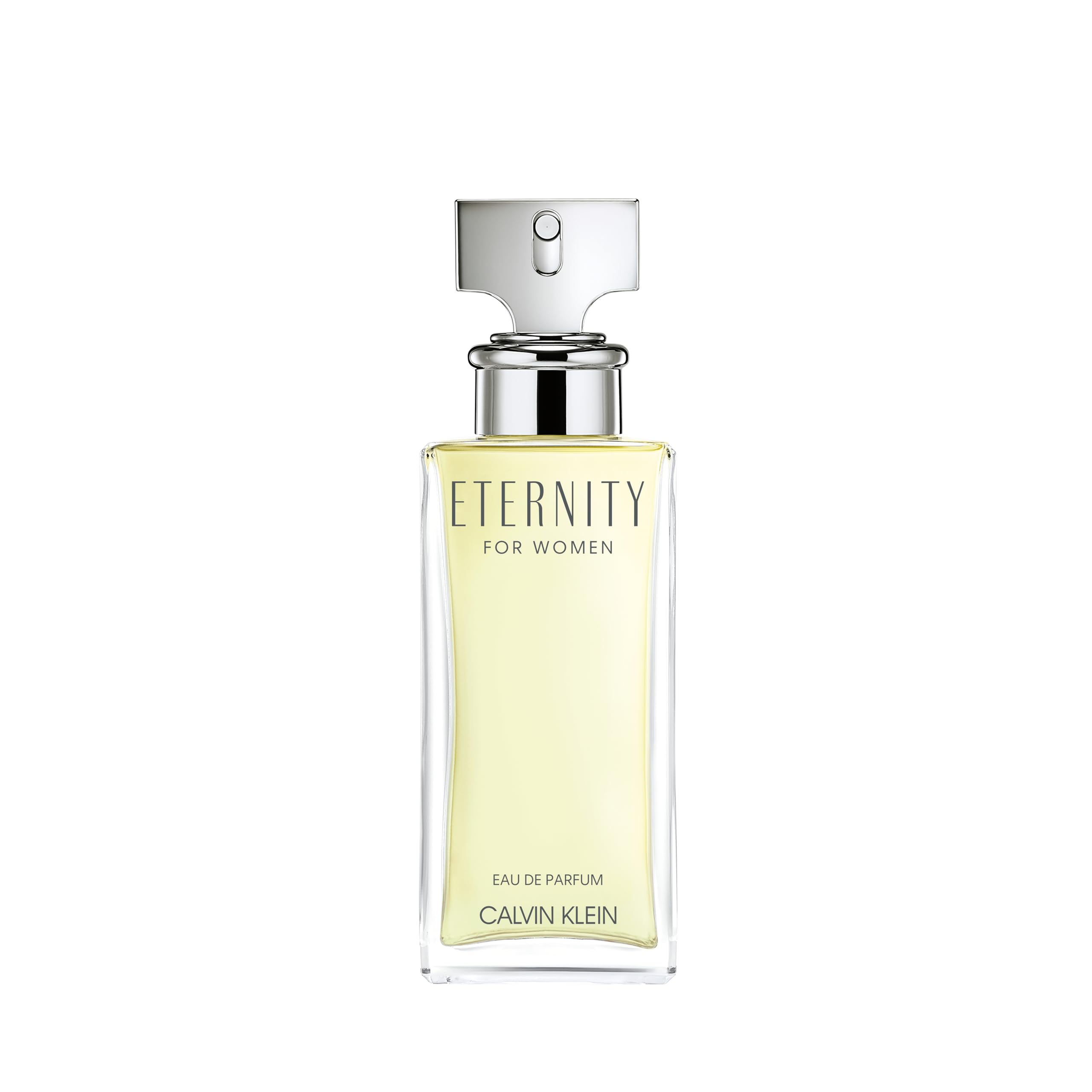 Eternity Eau de Parfum for women 100ml by Calvin Klein clear bottle with silver cap Eternity Eau de Parfum for women 100ml by Calvin Klein clear bottle with silver cap