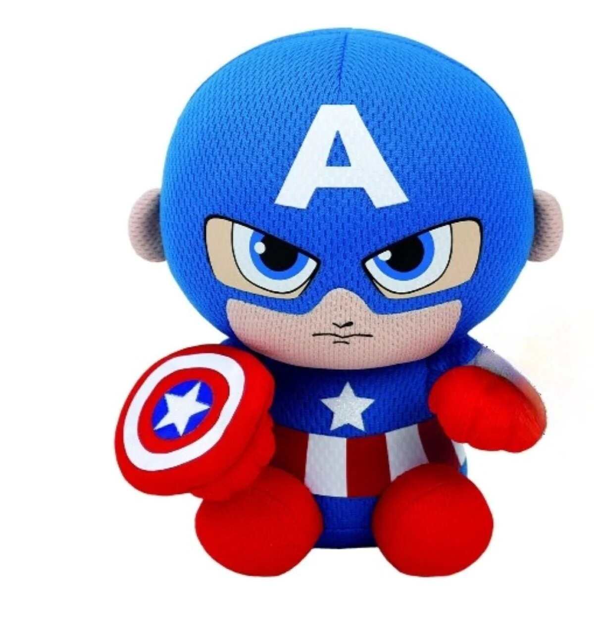 Huitich small superhero plush doll dressed in blue with red gloves and shield Huitich small superhero plush doll dressed in blue with red gloves and shield