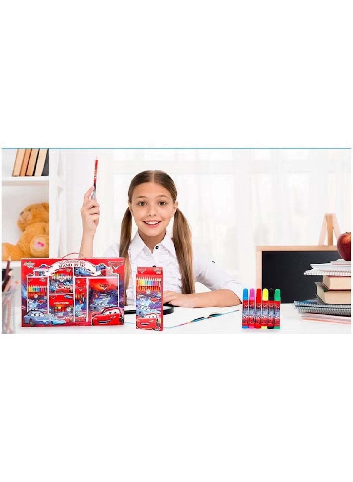 Huitich car stationery set for kids displayed with colorful markers and a happy girl ready to create Huitich car stationery set for kids displayed with colorful markers and a happy girl ready to create