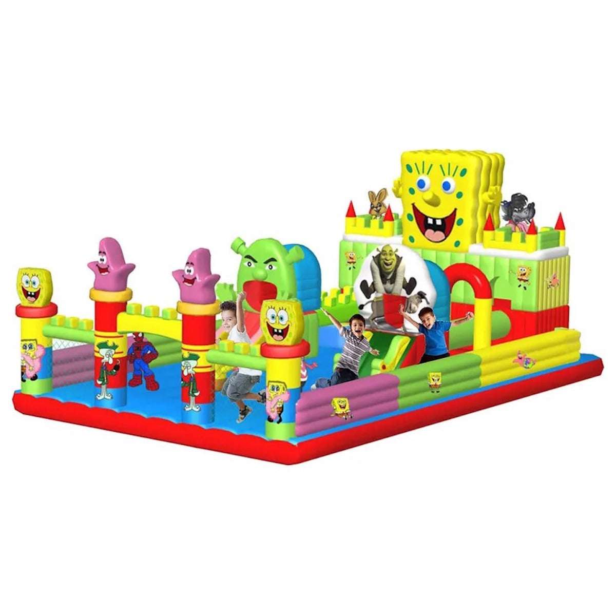 Colorful cartoon inflatable bouncy castle UAE featuring popular animated characters for kids' parties Colorful cartoon inflatable bouncy castle UAE featuring popular animated characters for kids' parties