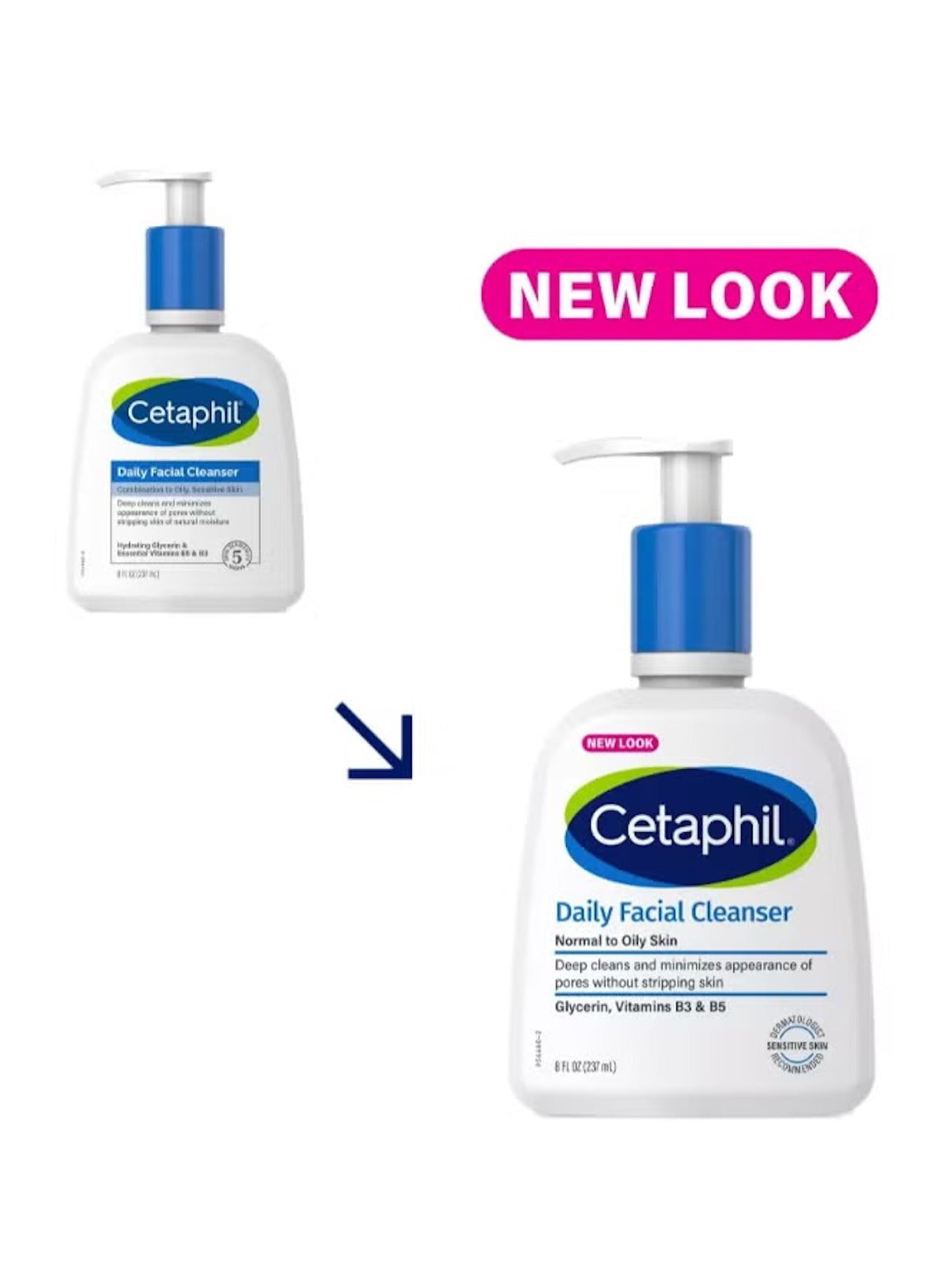 Cetaphil daily facial cleanser in new packaging for normal to oily skin with pump dispenser Cetaphil daily facial cleanser in new packaging for normal to oily skin with pump dispenser