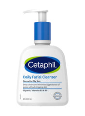 Cetaphil daily facial cleanser in an 8 fl oz bottle, designed for normal to oily skin types Cetaphil daily facial cleanser in an 8 fl oz bottle, designed for normal to oily skin types
