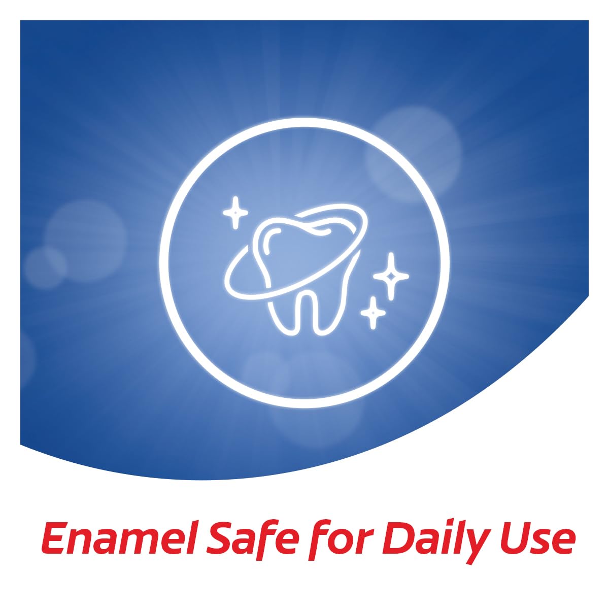 Colgate Optic White toothpaste UAE enamel safe icon showing a sparkling tooth in blue circle with Enamel Safe for Daily Use text Colgate Optic White toothpaste UAE enamel safe icon showing a sparkling tooth in blue circle with Enamel Safe for Daily Use text