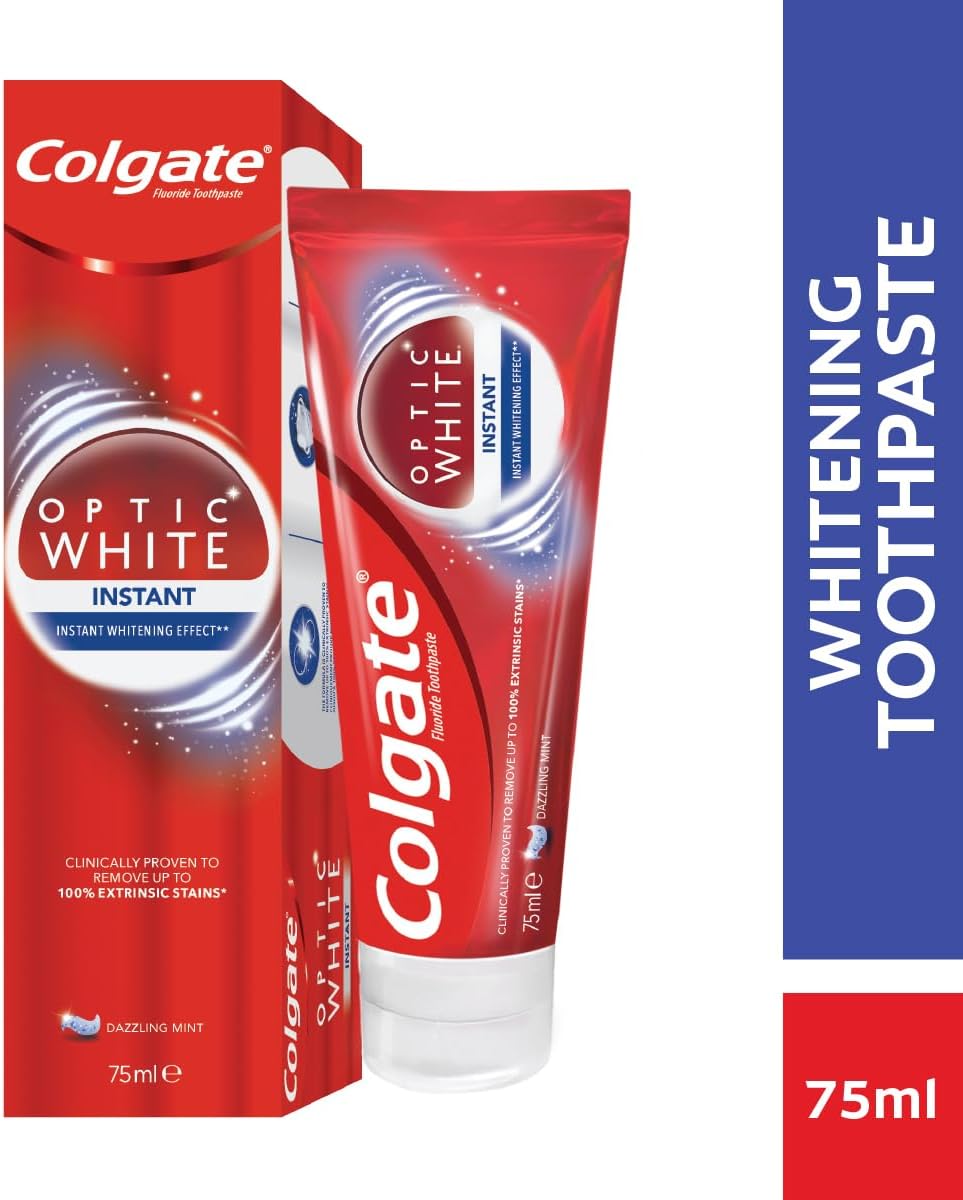 Colgate Optic White toothpaste UAE 75ml red whitening toothpaste tube and box showing Optic White Instant Colgate Optic White toothpaste UAE 75ml red whitening toothpaste tube and box showing Optic White Instant