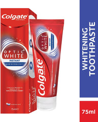 Colgate Optic White toothpaste UAE 75ml red whitening toothpaste tube and box showing Optic White Instant Colgate Optic White toothpaste UAE 75ml red whitening toothpaste tube and box showing Optic White Instant