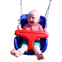 Huitich comfortable baby swing for home with secure red and blue seat holding a happy baby Huitich comfortable baby swing for home with secure red and blue seat holding a happy baby