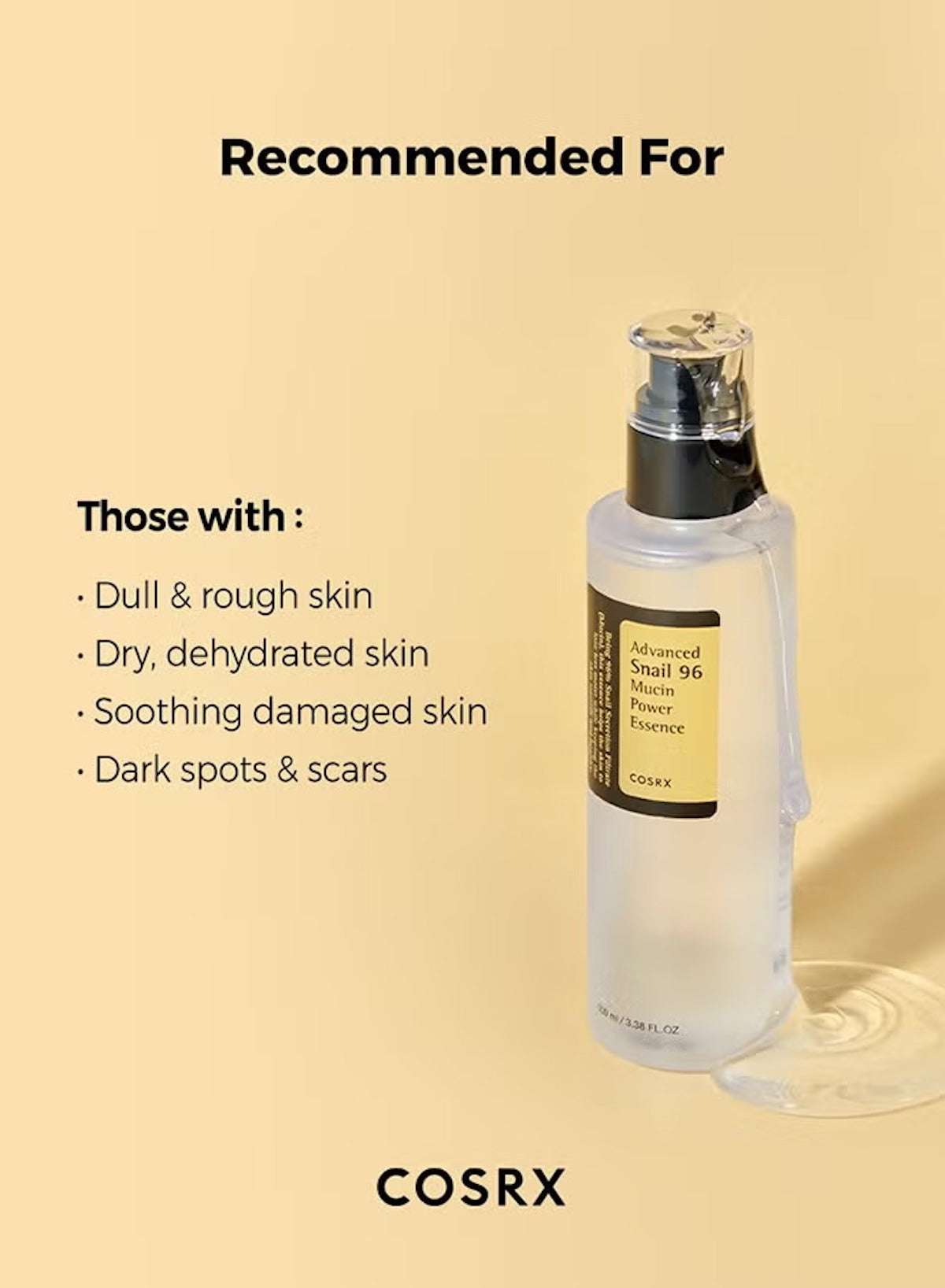 COSRX Advanced Snail 96 Mucin Power Essence in a clear bottle for dull, dry, and damaged skin COSRX Advanced Snail 96 Mucin Power Essence in a clear bottle for dull, dry, and damaged skin