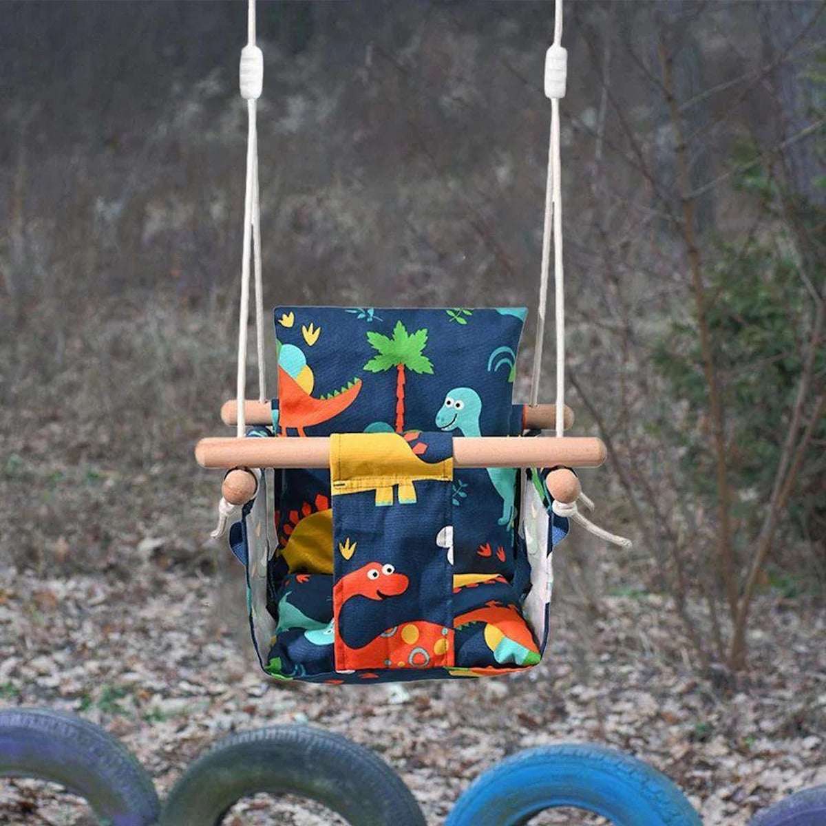 Huitich cotton baby swing with cushion featuring colorful dinosaur patterns for outdoor fun Huitich cotton baby swing with cushion featuring colorful dinosaur patterns for outdoor fun