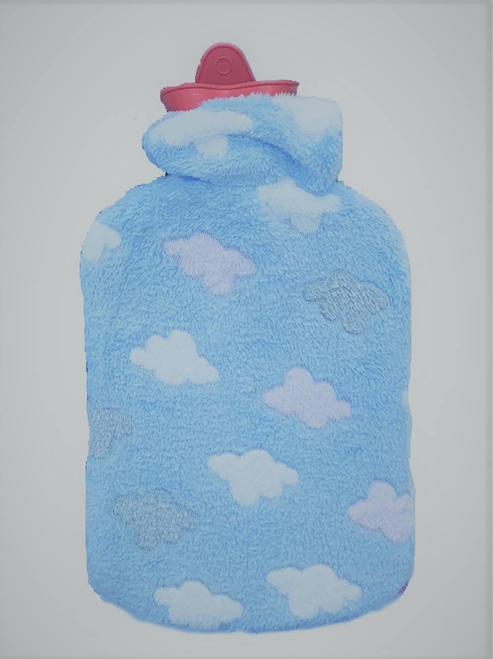 HWB blue plush hot water bag for pain relief with white cloud pattern and pink screw cap for cozy heat therapy HWB blue plush hot water bag for pain relief with white cloud pattern and pink screw cap for cozy heat therapy
