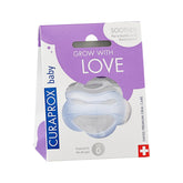 Curaprox Grow With Love translucent pacifier in purple white box showing orthodontic baby pacifier UAE and Swiss cross branding