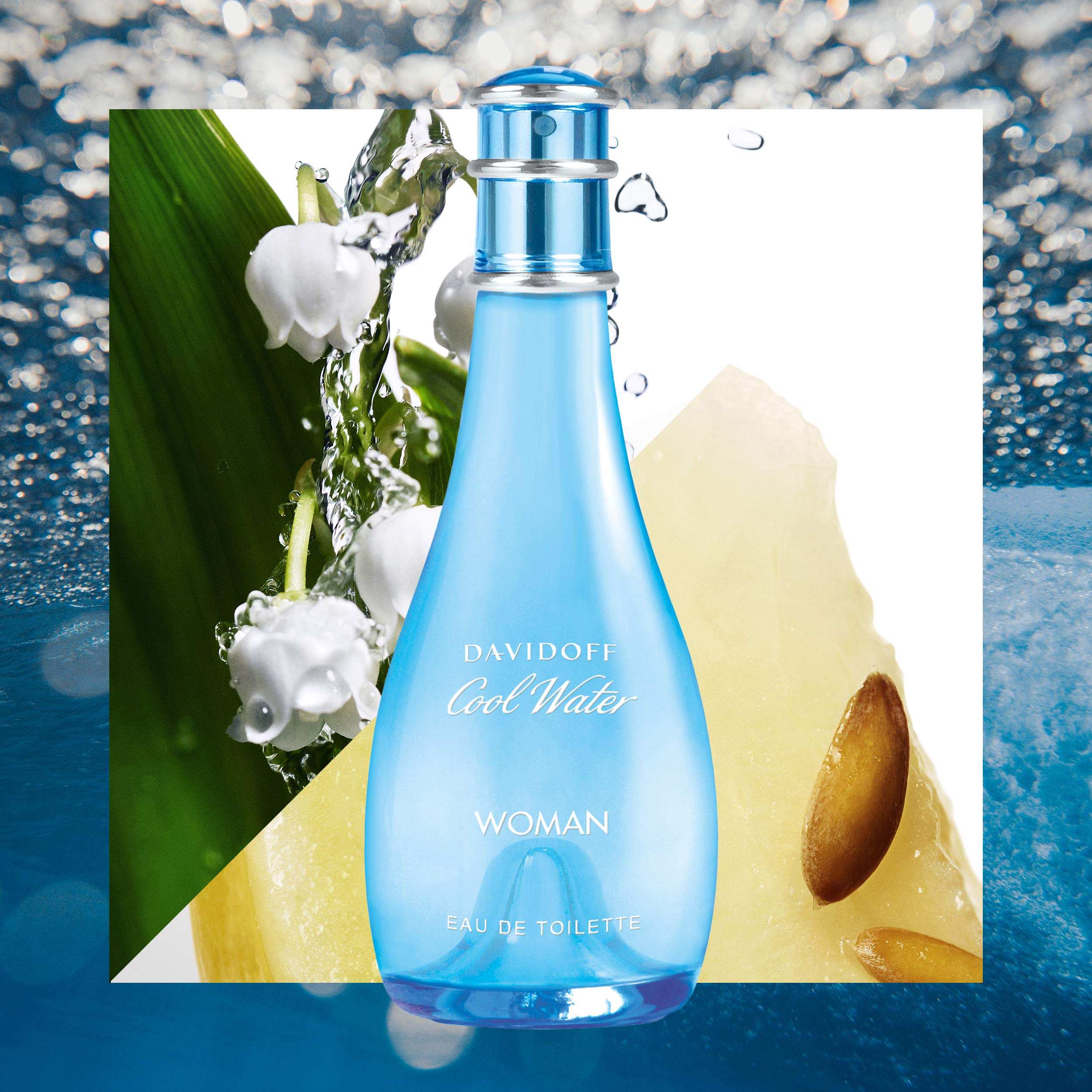 Davidoff Cool Water perfume for women blue bottle with fresh water and floral background Davidoff Cool Water perfume for women blue bottle with fresh water and floral background