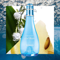 Davidoff Cool Water perfume for women blue bottle with fresh water and floral background Davidoff Cool Water perfume for women blue bottle with fresh water and floral background