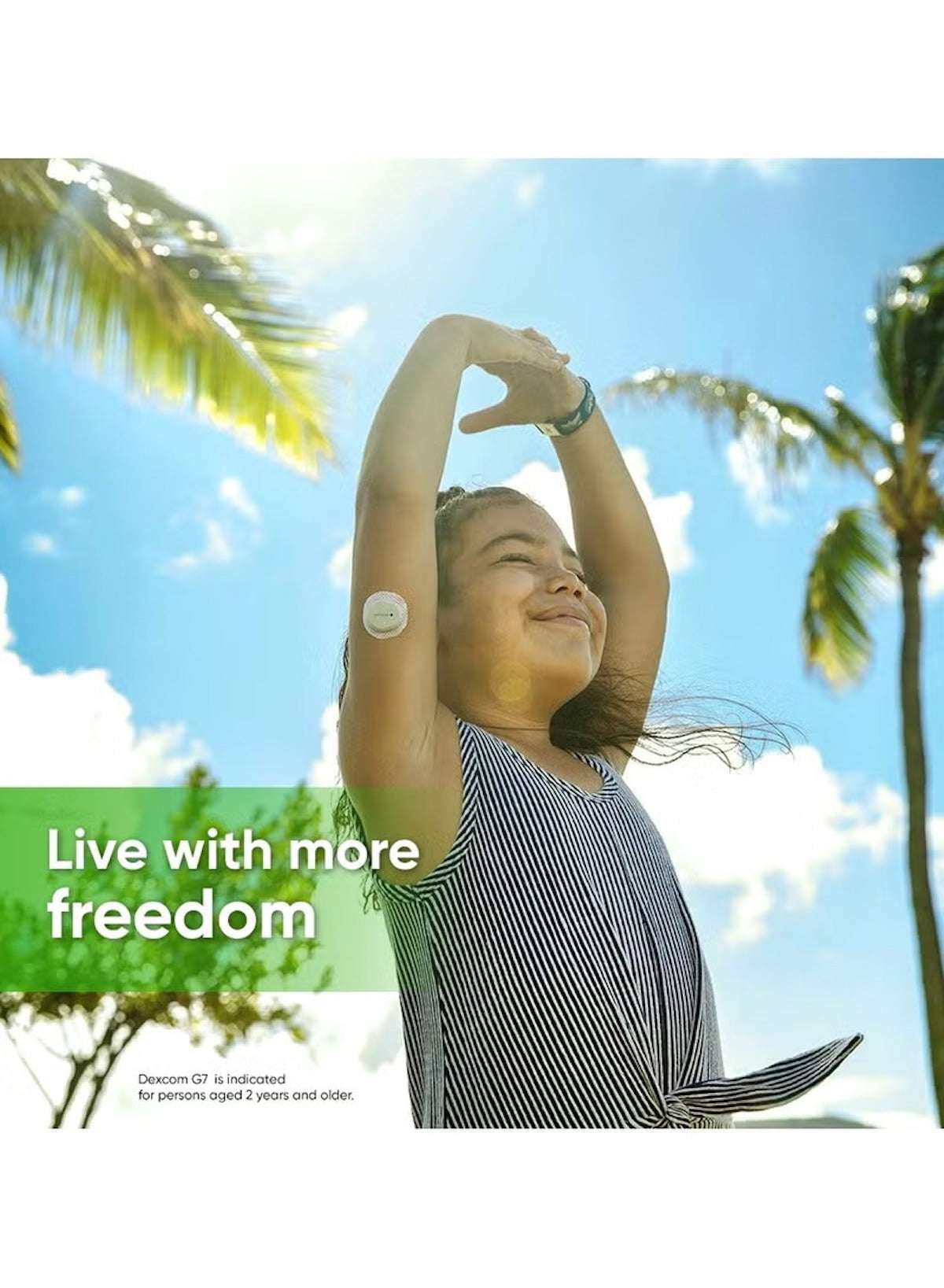Girl enjoying outdoor freedom with Dexcom G7 sensor kit UAE on her arm under sunny skies Girl enjoying outdoor freedom with Dexcom G7 sensor kit UAE on her arm under sunny skies