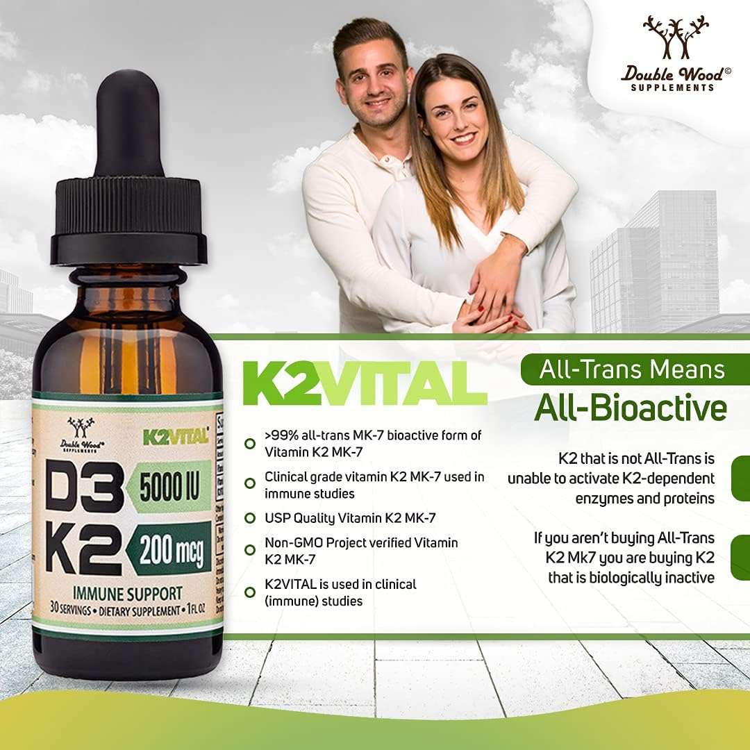Double Wood Supplements bottle with dropper and smiling couple vitamin D3 5000 IU with K2 drops for immune support Double Wood Supplements bottle with dropper and smiling couple vitamin D3 5000 IU with K2 drops for immune support